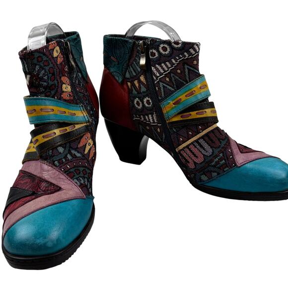 Socofy Retro Boho Multicolor Leather Stretch Fabric Booties Women's 38/7-7.5 - Picture 2 of 11